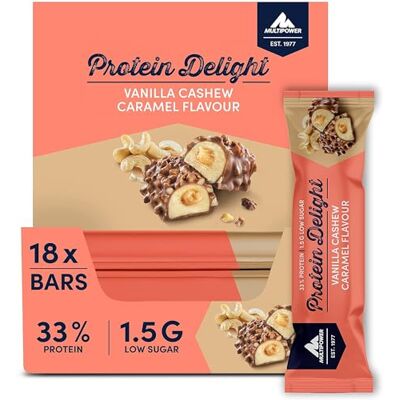 Multipower Protein Delight proteinová tyčinka – 18 x 35 g krabička na proteiny (630 g) – chutná energetická tyčinka – Vanilla Cashew Caramel Multipower Protein Delight proteinová tyčinka – 18 x 35 g krabička na proteiny (630 g) – chutná energetická tyčinka – Vanilla Cashew Caramel