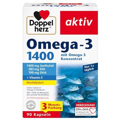 Doppelherz Omega-3 1400 mg – vysoce koncentrovaný Omega 3 koncentrát plus vitamin E – vysoký obsah omega-3 mastných kyselin EPA a DHA – 90 kapslí Doppelherz Omega-3 1400 mg – vysoce koncentrovaný Omega 3 koncentrát plus vitamin E – vysoký obsah omega-3 mastných kyselin EPA a DHA – 90 kapslí