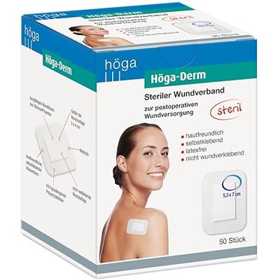 Höga Derm, sterilní vazba, šetrná k pokožce, bez latexu a samolepicí, 53 x 70 mm, 50 kusů, náplast připravená k použití Höga Derm, sterilní vazba, šetrná k pokožce, bez latexu a samolepicí, 53 x 70 mm, 50 kusů, náplast připravená k použití