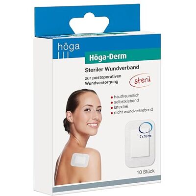 Höga Derm, sterilní vazba, šetrná k pokožce, bez latexu a samolepicí, 100 x 70 mm, 10 kusů, náplast připravená k použití Höga Derm, sterilní vazba, šetrná k pokožce, bez latexu a samolepicí, 100 x 70 mm, 10 kusů, náplast připravená k použití