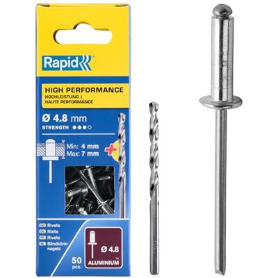Rapid Slepé nýty hliník univerzální Ø 4,8 mm, upínací rozsah 4–7 mm, 50 ks nýtů, sada vč. vrtáku, pro slepé kleště Rapid Slepé nýty hliník univerzální Ø 4,8 mm, upínací rozsah 4–7 mm, 50 ks nýtů, sada vč. vrtáku, pro slepé kleště