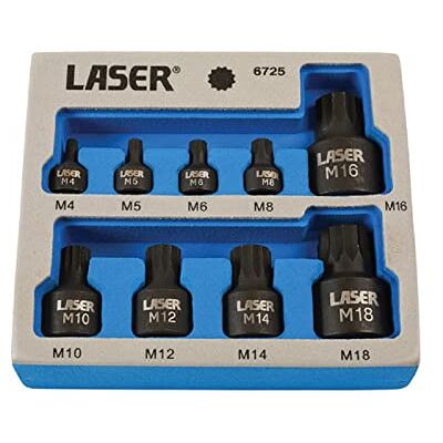 Laser 6725 Low Profile Spline Socket Bit Set, Silver, 1/4"D, 3/8"D, 1/2"D, 9pc Laser 6725 Low Profile Spline Socket Bit Set, Silver, 1/4"D, 3/8"D, 1/2"D, 9pc