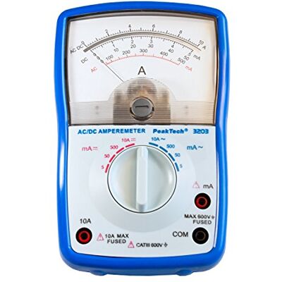 PeakTech P 3203 analogový ampérmetr; Cat III 600V; max. 10A AC/DC; 5mA/ 50mA/ 500mA/ 10A AC DC; analogový přístroj, 1 kus PeakTech P 3203 analogový ampérmetr; Cat III 600V; max. 10A AC/DC; 5mA/ 50mA/ 500mA/ 10A AC DC; analogový přístroj, 1 kus
