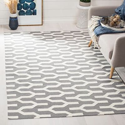Safavieh Zeitgenössische Teppich für Wohnzimmer, Esszimmer, Schlafzimmer Dhurrie Collection, Kurzer Flor, Silber und Elfenbein, 91 X 152 cm Safavieh Zeitgenössische Teppich für Wohnzimmer, Esszimmer, Schlafzimmer Dhurrie Collection, Kurzer Flor, Silber und Elfenbein, 91 X 152 cm