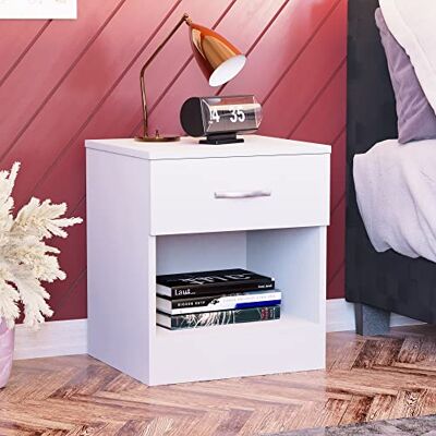 Vida Designs Komoda na noční stolek, bílá, 1 zásuvka, skříň, kovové rukojeti a kolejnice Vida Designs Komoda na noční stolek, bílá, 1 zásuvka, skříň, kovové rukojeti a kolejnice