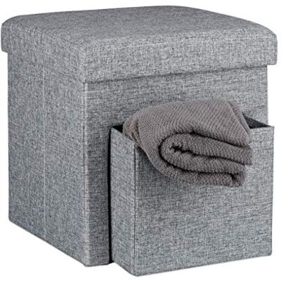 Relaxdays Skládací taburet, len, úložná přihrádka, odnímatelné víko, kostka na sezení, v × š × š × 38 cm, šedá Relaxdays Skládací taburet, len, úložná přihrádka, odnímatelné víko, kostka na sezení, v × š × š × 38 cm, šedá