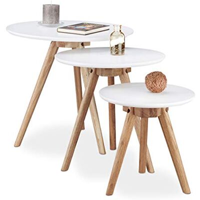 Relaxdays Beistelltisch 3er Set, Tischbeine aus Walnuss-Holz, weiße Tischplatte 50, 40 und 32 cm, im nordischen Design, weiß / natur Relaxdays Beistelltisch 3er Set, Tischbeine aus Walnuss-Holz, weiße Tischplatte 50, 40 und 32 cm, im nordischen Design, weiß / natur
