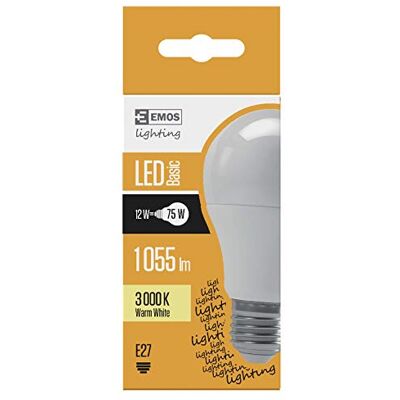 EMOS LED žárovka Classic, A60, 12W náhrada za 75W žárovku, patice E27, svítivost 1 055 lm, teplá bílá 3000 K, životnost 25000 h, CRI min. 80, 250° úhel vyzařování EMOS LED žárovka Classic, A60, 12W náhrada za 75W žárovku, patice E27, svítivost 1 055 lm, teplá bílá 3000 K, životnost 25000 h, CRI min. 80, 250° úhel vyzařování