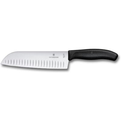 Victorinox Nůž Swiss Classic Santoku, nůž asijského druhu, extra ostrá čepel, kulový brus, 17 cm, nerezová ocel, blister, černý Victorinox Nůž Swiss Classic Santoku, nůž asijského druhu, extra ostrá čepel, kulový brus, 17 cm, nerezová ocel, blister, černý