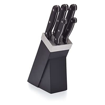 KitchenCraft Blok na nože s 5 noži, držák nožů pro 5dílná sada nožů z ušlechtilé oceli, nůž s nýtovanými rukojeťmi, omyvatelný/vhodný do myčky nádobí, stříbrný/černý, 15 x 8 x 29,5 cm, 6 jednotek KitchenCraft Blok na nože s 5 noži, držák nožů pro 5dílná sada nožů z ušlechtilé oceli, nůž s nýtovanými rukojeťmi, omyvatelný/vhodný do myčky nádobí, stříbrný/černý, 15 x 8 x 29,5 cm, 6 jednotek