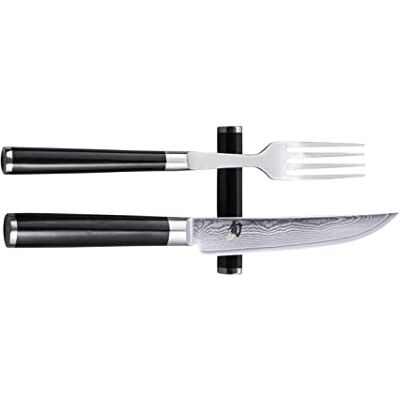 Shun KAI Classic japonský příbor sada 3dílná steakový nůž 12 cm délka čepele damašek 32 vrstev VG MAX jádro 61 (±1) HRC + vidlička z kvalitní ušlechtilé oceli + lavice na nože rukojeť z dřeva Shun KAI Classic japonský příbor sada 3dílná steakový nůž 12 cm délka čepele damašek 32 vrstev VG MAX jádro 61 (±1) HRC + vidlička z kvalitní ušlechtilé oceli + lavice na nože rukojeť z dřeva
