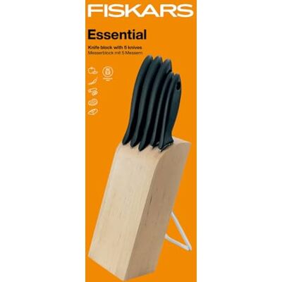 Fiskars Blok na nože s 5 noži, Essential, včetně nože na zeleninu, loupací nůž, kuchařský nůž, nůž na vaření Santoku a nože na chleba, šířka: 16 cm, délka: 8 cm, výška: 38 cm, březové dřevo, 1023782 Fiskars Blok na nože s 5 noži, Essential, včetně nože na zeleninu, loupací nůž, kuchařský nůž, nůž na vaření Santoku a nože na chleba, šířka: 16 cm, délka: 8 cm, výška: 38 cm, březové dřevo, 1023782