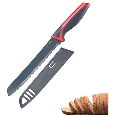 Westmark Nůž na chleba s dlouhou zoubkovanou čepelí, délka čepele: 20 cm, s ochranou čepele, nerezová ocel/plast, antracit/červená, 14552280 Westmark Nůž na chleba s dlouhou zoubkovanou čepelí, délka čepele: 20 cm, s ochranou čepele, nerezová ocel/plast, antracit/červená, 14552280