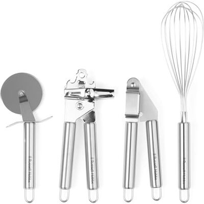 Russell Hobbs 4dílná sada kuchyňských pomůcek z ušlechtilé oceli – kráječ na pizzu, metlička, lis na česnek a otvírák na konzervy, nerezový & vhodný do myčky, kvalitní kuchyňské příslušenství ve Russell Hobbs 4dílná sada kuchyňských pomůcek z ušlechtilé oceli – kráječ na pizzu, metlička, lis na česnek a otvírák na konzervy, nerezový & vhodný do myčky, kvalitní kuchyňské příslušenství ve