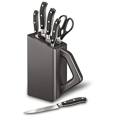 Victorinox Grand Maître blok na nože, naplněný 6dílný s kovanými noži Exkluzivní sada s 6 kovanými kuchyňskými noži, elegantní rukojeti, ideální pro vaření, 225 x 120 x 376 mm, černá Victorinox Grand Maître blok na nože, naplněný 6dílný s kovanými noži Exkluzivní sada s 6 kovanými kuchyňskými noži, elegantní rukojeti, ideální pro vaření, 225 x 120 x 376 mm, černá