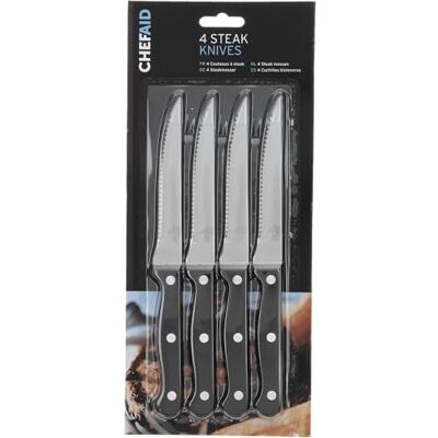 Chef Aid 4dílná sada pilovitých steakových nožů z ušlechtilé oceli, univerzální a trvanlivé kuchyňské nože s ergonomickými, protiskluzovými rukojeťmi – odolné proti korozi a ostré, černé Chef Aid 4dílná sada pilovitých steakových nožů z ušlechtilé oceli, univerzální a trvanlivé kuchyňské nože s ergonomickými, protiskluzovými rukojeťmi – odolné proti korozi a ostré, černé
