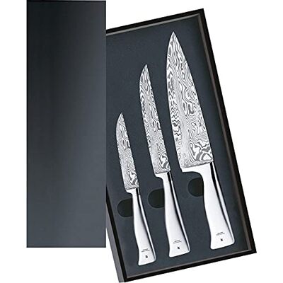 WMF sada damaškových nožů Grand Gourmet 3, nože z damascenské oceli, 120vrstvé, ocelová střenka, technologie Performance Cut, 3dílná sada v dřevěné kazetě, vyrobeno v Německu WMF sada damaškových nožů Grand Gourmet 3, nože z damascenské oceli, 120vrstvé, ocelová střenka, technologie Performance Cut, 3dílná sada v dřevěné kazetě, vyrobeno v Německu