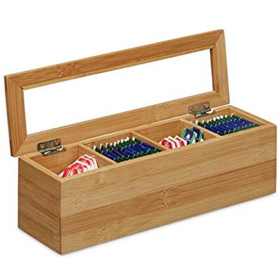 Relaxdays Čajový box bambus, 4 přihrádky, úzké, okénko z plastu, V x Š x H: 9 x 30 x 9 cm, malý, podlouhlý, přírodní Relaxdays Čajový box bambus, 4 přihrádky, úzké, okénko z plastu, V x Š x H: 9 x 30 x 9 cm, malý, podlouhlý, přírodní
