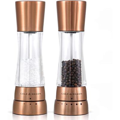Cole & Mason Sada měděných mlýnků na sůl a pepř od Derwent, mlýnek na koření, nastavitelný keramický mlýnek, přesnost+, manuální, ušlechtilá ocel/akryl, 19 cm, 2dílná dárková sada Cole & Mason Sada měděných mlýnků na sůl a pepř od Derwent, mlýnek na koření, nastavitelný keramický mlýnek, přesnost+, manuální, ušlechtilá ocel/akryl, 19 cm, 2dílná dárková sada