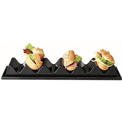 APS 11887 lis na svačinu/hřídel na svačinu – 3 prohlubně, 29 x 19 cm, výška 6,5 cm, polystyren, černý, s drážkou na šťávu a prohlubní pro rukojeť, vyrobeno v Německu APS 11887 lis na svačinu/hřídel na svačinu – 3 prohlubně, 29 x 19 cm, výška 6,5 cm, polystyren, černý, s drážkou na šťávu a prohlubní pro rukojeť, vyrobeno v Německu