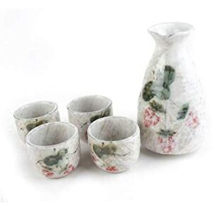 lachineuse Saké sada jahod – se 4 miskami a karafou – japonské sklenice na saké – asijské nádobí – tradiční služba saké – porcelán, květinová japonská čínská – bílá lachineuse Saké sada jahod – se 4 miskami a karafou – japonské sklenice na saké – asijské nádobí – tradiční služba saké – porcelán, květinová japonská čínská – bílá