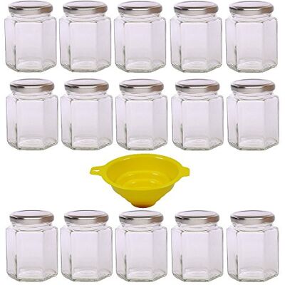 mikken 15 šestihranných sklenic na marmeládu na 196 ml se stříbrným víkem/na zavařeniny, chutney, pasty atd. – vč. žluté plnicí nálevky mikken 15 šestihranných sklenic na marmeládu na 196 ml se stříbrným víkem/na zavařeniny, chutney, pasty atd. – vč. žluté plnicí nálevky