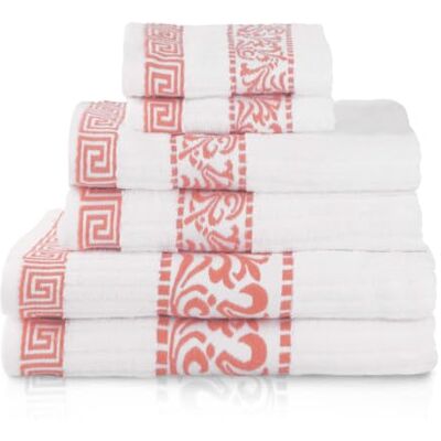 Superior Sada bavlněných ručníků, kvalitní, dekorativní řecký vzor, pro domácnost, savé, koupelnové dekorace, lázně, resort, 2 ručníky, 2 osušky na obličej a 2 osušky, kolekce Athén, 6dílná, korálová Superior Sada bavlněných ručníků, kvalitní, dekorativní řecký vzor, pro domácnost, savé, koupelnové dekorace, lázně, resort, 2 ručníky, 2 osušky na obličej a 2 osušky, kolekce Athén, 6dílná, korálová