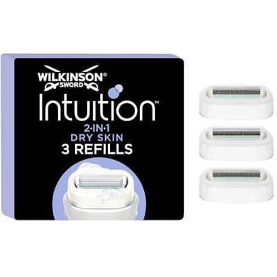 Wilkinson Sword Intuition 2 v 1 holicí břity Dry Skin pro dámské holení, nádech kakaového másla, holicí strojek pro každodenní holení, 3 kusy Wilkinson Sword Intuition 2 v 1 holicí břity Dry Skin pro dámské holení, nádech kakaového másla, holicí strojek pro každodenní holení, 3 kusy