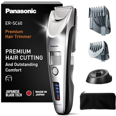 Panasonic ER-SC60-S803 zastřihovač vlasů pro muže, přenosný, bezdrátový, vodotěsný zastřihovač, pokročilé čepele, 39 délek, 2 nástavce, bezdrátový a kabelové připojení, nabíjecí stanice, stříbrný Panasonic ER-SC60-S803 zastřihovač vlasů pro muže, přenosný, bezdrátový, vodotěsný zastřihovač, pokročilé čepele, 39 délek, 2 nástavce, bezdrátový a kabelové připojení, nabíjecí stanice, stříbrný