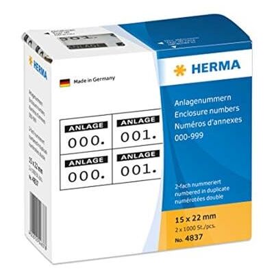 HERMA 4837 Číselné štítky čísla 0-999, dvojité, 2000 kusů, 22 x 15 mm, samolepicí, matné, 2krát průběžné papírové číselné štítky, čísla příloh v zásobníku, černá HERMA 4837 Číselné štítky čísla 0-999, dvojité, 2000 kusů, 22 x 15 mm, samolepicí, matné, 2krát průběžné papírové číselné štítky, čísla příloh v zásobníku, černá