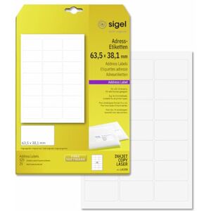 Sigel LA320 zaoblené adresní etikety samolepicí, potiskovatelné, bílé, 63,5 x 38,1 mm, 525 etiket = 25 listů Sigel LA320 zaoblené adresní etikety samolepicí, potiskovatelné, bílé, 63,5 x 38,1 mm, 525 etiket = 25 listů