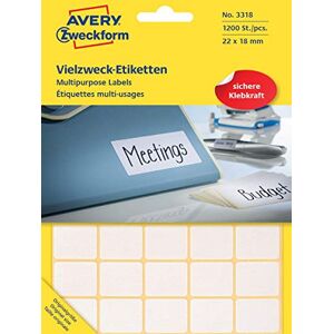 Avery 3318 samolepicí etikety do domácnosti (22 x 18 mm, 1 200 nálepek na 30 arších, víceúčelové etikety pro domácnost, školu a kancelář k popisování a označování) prázdné, bílé Avery 3318 samolepicí etikety do domácnosti (22 x 18 mm, 1 200 nálepek na 30 arších, víceúčelové etikety pro domácnost, školu a kancelář k popisování a označování) prázdné, bílé