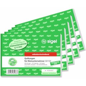 Sigel SD120/5 Blok stvrzenek pro malé podnikatele, průběžně číslované, jedinečné 7místné číslo, A6 na šířku, 5 kusů, 2x30 listů, propisující, z udržitelného papíru Sigel SD120/5 Blok stvrzenek pro malé podnikatele, průběžně číslované, jedinečné 7místné číslo, A6 na šířku, 5 kusů, 2x30 listů, propisující, z udržitelného papíru