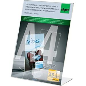 Sigel TA230 Stolní stojánek A4 šikmý s praktickou přídavnou přihrádkou na vizitky, vysoce kvalitní průhledný akryl, reklamní stojánek Sigel TA230 Stolní stojánek A4 šikmý s praktickou přídavnou přihrádkou na vizitky, vysoce kvalitní průhledný akryl, reklamní stojánek