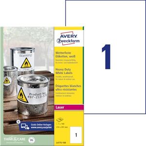 Avery L4775-100 fóliové etikety odolné proti povětrnostním vlivům (100 lepicích etiket, 210 x 297 mm na A4, extrémně silné samolepicí, voděodolné, odolné, potiskovatelná venkovní lepicí fólie) 100 listů, bílá Avery L4775-100 fóliové etikety odolné proti povětrnostním vlivům (100 lepicích etiket, 210 x 297 mm na A4, extrémně silné samolepicí, voděodolné, odolné, potiskovatelná venkovní lepicí fólie) 100 listů, bílá