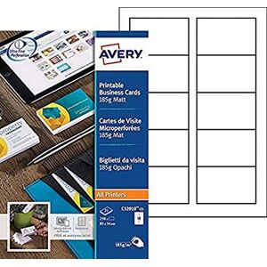 Avery Balení 250 vizitek s možností potisku, z matného bílého kartonu, 185 g/m², formát 85 x 54 mm, laserový/inkoustový tisk, (C32010-25) Avery Balení 250 vizitek s možností potisku, z matného bílého kartonu, 185 g/m², formát 85 x 54 mm, laserový/inkoustový tisk, (C32010-25)