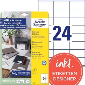 Avery Štítky s adresou Zweckform 6122 (s ultratenkou, 70 x 36 mm na A4, matný papír, potisknutelné, samolepicí poštovní štítky, 240 samolepících štítků na 10 listech) bílá Avery Štítky s adresou Zweckform 6122 (s ultratenkou, 70 x 36 mm na A4, matný papír, potisknutelné, samolepicí poštovní štítky, 240 samolepících štítků na 10 listech) bílá