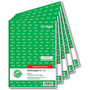 Sigel SD132/5 faktury průběžně očíslované, jednoznačné 7místné číslo, jak předepsal finanční úřad, A5, 3 x 50 listů, samopropisující, 5 kusů, s děrováním, fakturační blok Sigel SD132/5 faktury průběžně očíslované, jednoznačné 7místné číslo, jak předepsal finanční úřad, A5, 3 x 50 listů, samopropisující, 5 kusů, s děrováním, fakturační blok