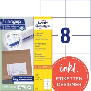 Avery 3427 univerzální etikety (800 lepicích štítků, 105 x 74 mm na A4, papír matný, potisknutelné přepravní štítky, samolepicí zásilkové nálepky s ultragripem) 100 listů, bílé Avery 3427 univerzální etikety (800 lepicích štítků, 105 x 74 mm na A4, papír matný, potisknutelné přepravní štítky, samolepicí zásilkové nálepky s ultragripem) 100 listů, bílé