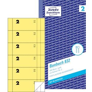 Avery 832 bondů (105 x 198 mm, 300 bonů s číšníkem č. 2, s listem modrého papíru a po jednom průrazníku, 1 blok s 300 kusy, ideální pro gastronomické potřeby) žlutá/bílá Avery 832 bondů (105 x 198 mm, 300 bonů s číšníkem č. 2, s listem modrého papíru a po jednom průrazníku, 1 blok s 300 kusy, ideální pro gastronomické potřeby) žlutá/bílá