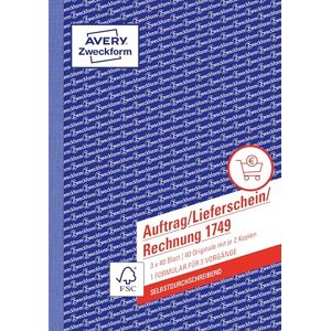 Avery 1749 Auftrag/Lieferschein/Rechnung Kombinationsbuch (A5, 3x40 Blatt, selbstdurchschreibend mit farbigen Durchschlägen, mit Unterschriftenfeld für Auftraggeber) weiß/gelb/rosa Avery 1749 Auftrag/Lieferschein/Rechnung Kombinationsbuch (A5, 3x40 Blatt, selbstdurchschreibend mit farbigen Durchschlägen, mit Unterschriftenfeld für Auftraggeber) weiß/gelb/rosa