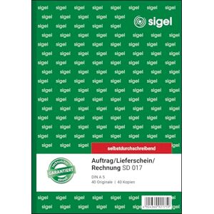 Sigel SD017 Kombinationsbuch, Auftrag / Lieferschein / Rechnung A5, 2x40 Blatt, selbstdurchschreibend, aus nachhaltigem Papier Sigel SD017 Kombinationsbuch, Auftrag / Lieferschein / Rechnung A5, 2x40 Blatt, selbstdurchschreibend, aus nachhaltigem Papier