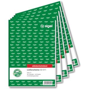 Sigel SD011 dodací listy A5, 2 x 40 listů, samopropisující, balení po 5 kusech, blok s příjmem, mikroperforované, z udržitelného papíru Sigel SD011 dodací listy A5, 2 x 40 listů, samopropisující, balení po 5 kusech, blok s příjmem, mikroperforované, z udržitelného papíru