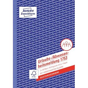 Avery 1753 Urlaubs-/Abwesenheitsmeldung (A5, selbstdurchschreibend, von Rechtsexperten geprüft, für Deutschland / Österreich zur Zeiterfassung in der Personalverwaltung, 2x40Blatt) weiß/gelb Avery 1753 Urlaubs-/Abwesenheitsmeldung (A5, selbstdurchschreibend, von Rechtsexperten geprüft, für Deutschland / Österreich zur Zeiterfassung in der Personalverwaltung, 2x40Blatt) weiß/gelb
