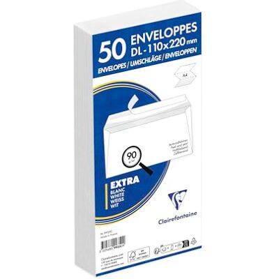 Clairefontaine 9935C Packung mit 50 Umschlägen weiß DL-110x220mm, vertraulich, selbstklebend, 90g, 1 Pack Clairefontaine 9935C Packung mit 50 Umschlägen weiß DL-110x220mm, vertraulich, selbstklebend, 90g, 1 Pack