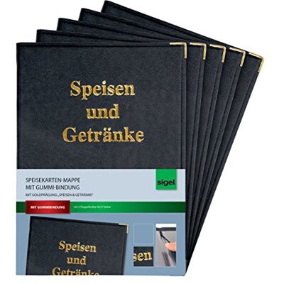 Sigel SM100/5 desky na jídelní lístky pro A4, menu, balení po 5 kusech, s gumovou vazbou, černá se zlatou ražbou, odolné a snadno omyvatelné Sigel SM100/5 desky na jídelní lístky pro A4, menu, balení po 5 kusech, s gumovou vazbou, černá se zlatou ražbou, odolné a snadno omyvatelné