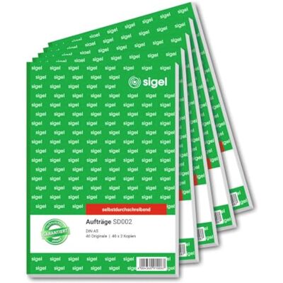 Sigel Kniha objednávek A5 3 x 40 listů propisující 5 ks v balení SD002/5, udržitelný papír pro zakázkovou dokumentaci s proražením Sigel Kniha objednávek A5 3 x 40 listů propisující 5 ks v balení SD002/5, udržitelný papír pro zakázkovou dokumentaci s proražením