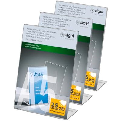 Sigel TA212 stolní stojánek A5 šikmý, 3 kusy, čirý akryl, reklamní stojánek Sigel TA212 stolní stojánek A5 šikmý, 3 kusy, čirý akryl, reklamní stojánek