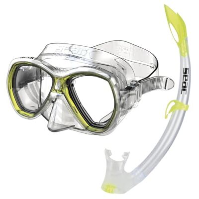 SEAC Set Elba, Schnorchelset aus hypoallergenem Silikon mit Maske und Schnorchel für Erwachsene, transparent/gelb, Narrow SEAC Set Elba, Schnorchelset aus hypoallergenem Silikon mit Maske und Schnorchel für Erwachsene, transparent/gelb, Narrow