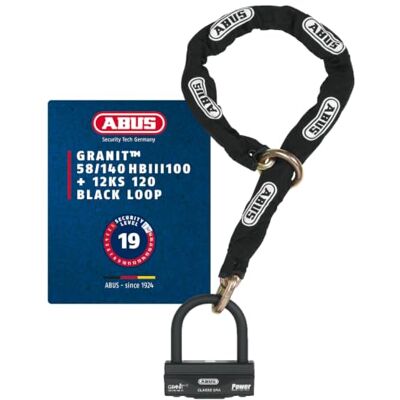 ABUS Kombinovaný zámek řetězový – žula 58 + 12 KS Black Loop – zámek na motocykl z visacího zámku a řetězu – bezpečnostní úroveň 19, 120 cm ABUS Kombinovaný zámek řetězový – žula 58 + 12 KS Black Loop – zámek na motocykl z visacího zámku a řetězu – bezpečnostní úroveň 19, 120 cm
